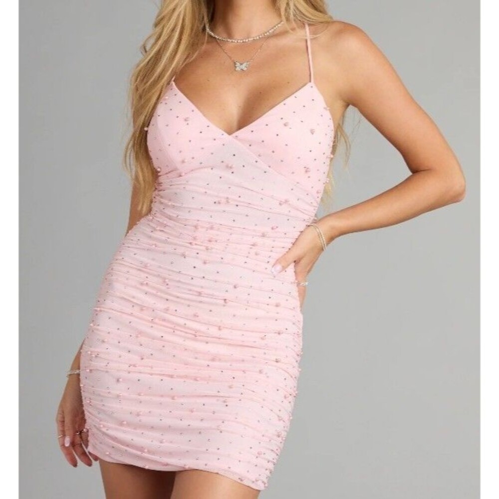 Pink Embellished Bodycon Ruched tie back lace up dress - Size Small